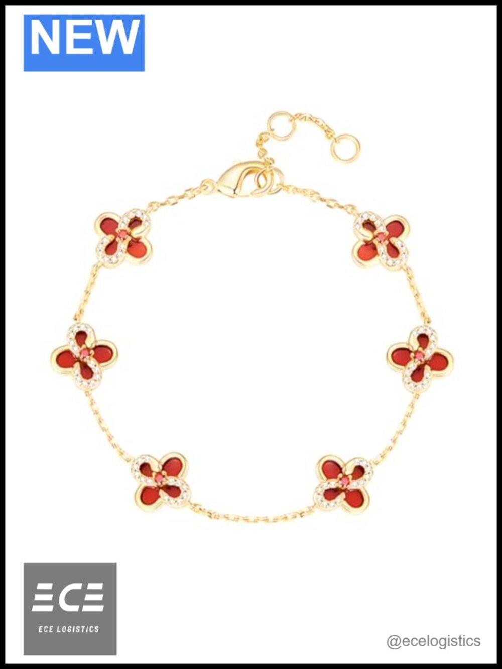 18K Gold Plated Four Leaf Clover Charm Bracelet Adjustable